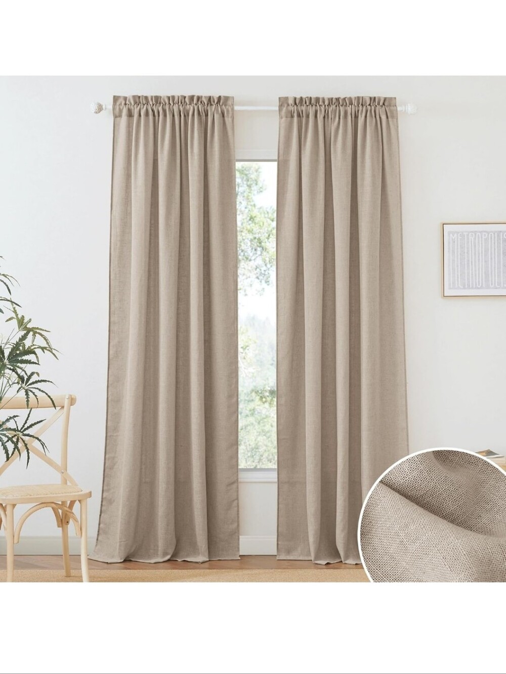NWT RYB HOME Linen Sheer Curtains Khaki, 52" W x 108" L, 2 Panels